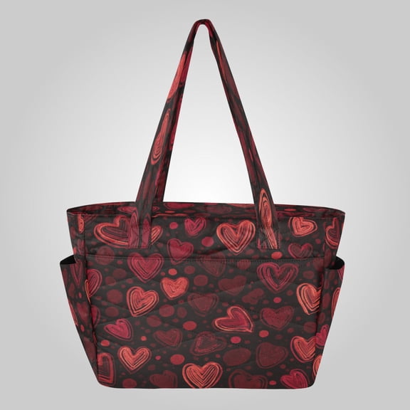 Quilted Tote Bag Large Capacity Multi-Compartment Handbag Lightweight Structured Shoulder Bag Versatile Casual Bag Layered Red Hearts Print