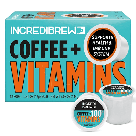 Incredibrew Coffee   Vitamins, Keto Friendly Pods, Medium Roast Colombian Coffee, Keurig Compatible, Low Acid, 12ct