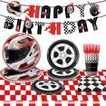 thumbnail image 4 of Vajilla desechable para fiesta temática de motocicleta y coche de carreras, mantel blanco y negro, platos, tazas, decoración para fiesta de cumpleaños de niños, 4 of 5