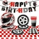 thumbnail image 4 of Vajilla desechable para fiesta temática de motocicleta y coche de carreras, mantel blanco y negro, platos, tazas, decoración para fiesta de cumpleaños de niños, 4 of 5