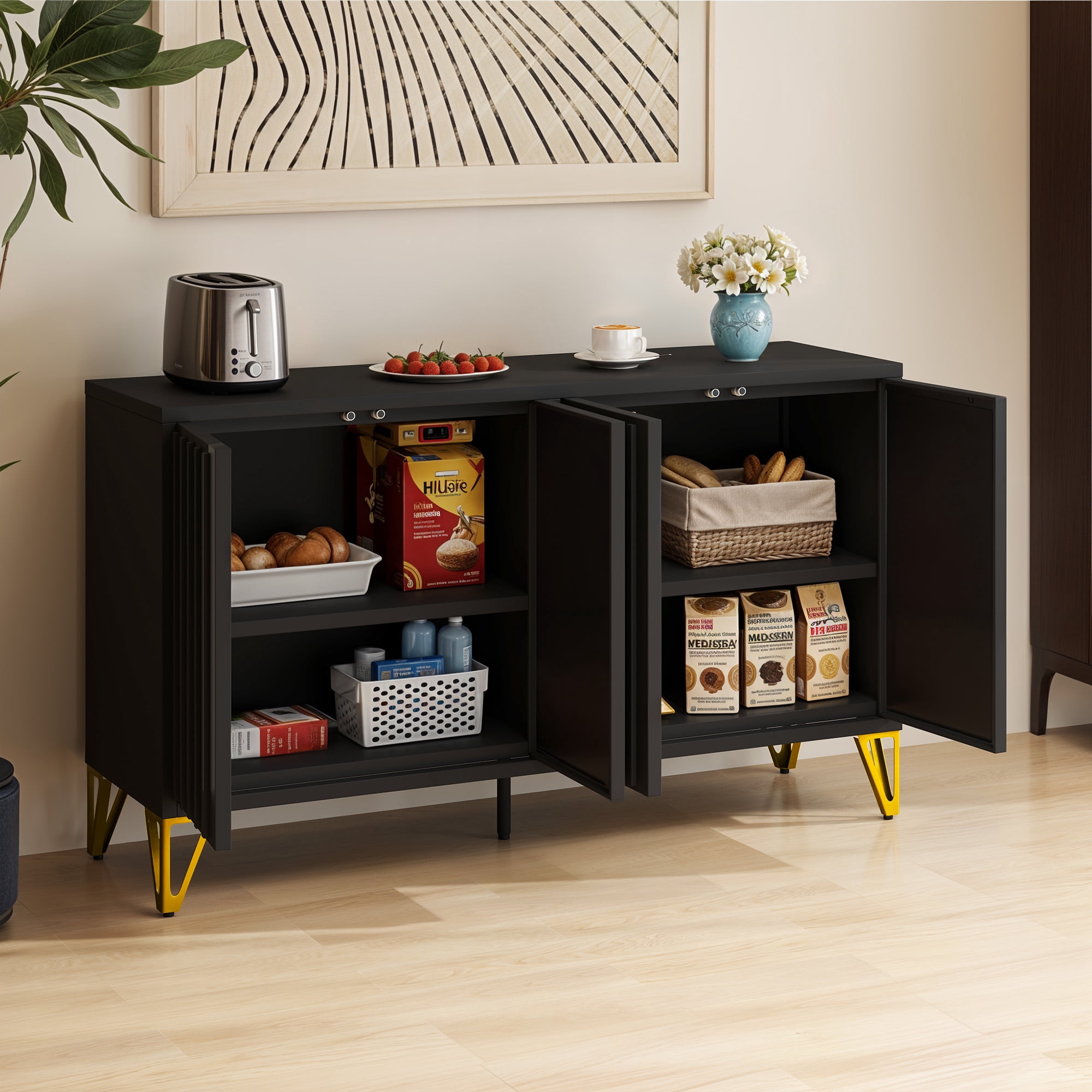 Uforic Metal 54.5" Kitchen Sideboard Cabinet with Shelves, Fluted Storage Cabinet with Doors, Black