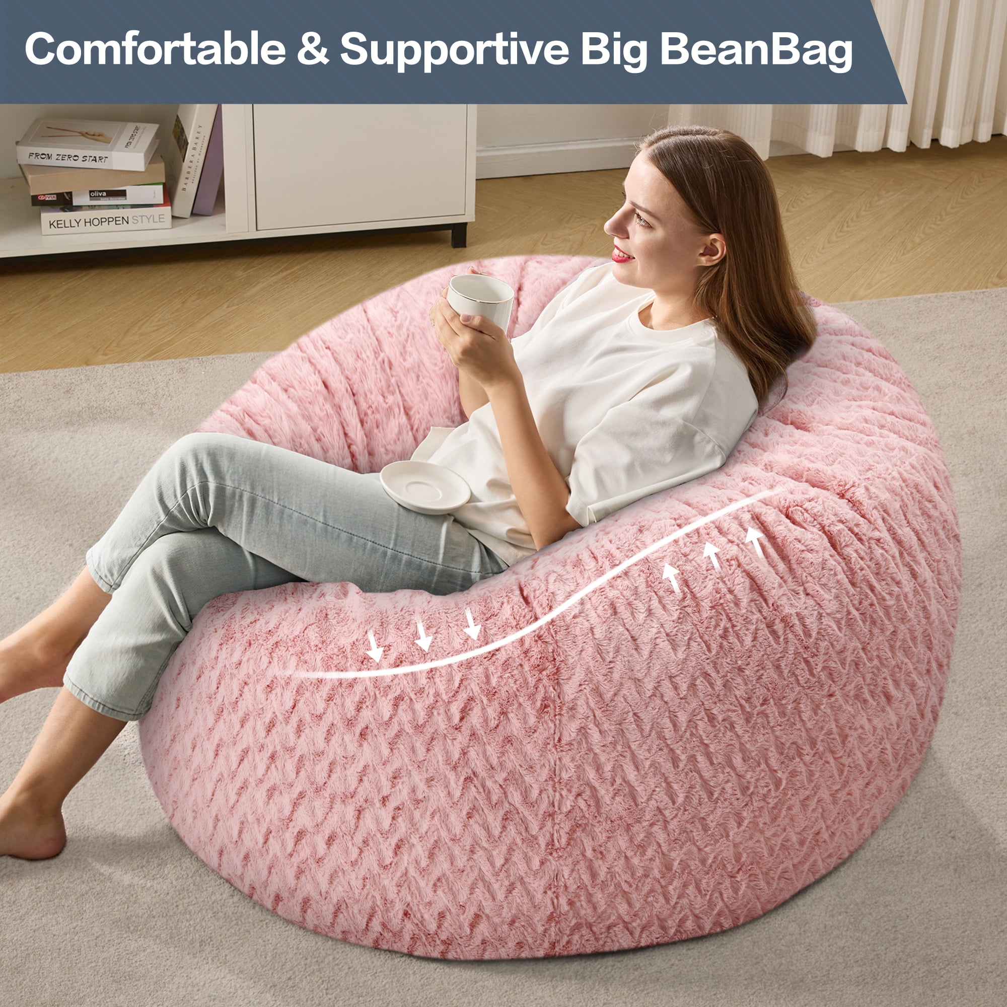 Hobestluk 3ft Bean Bag Chairs for Adults Large Beanbag Chair with Chevron Plush Fur Cover Big Bean Bag Chair for Living Room Bedroom Dorm Office - Pink (36” x 36” x 22”)