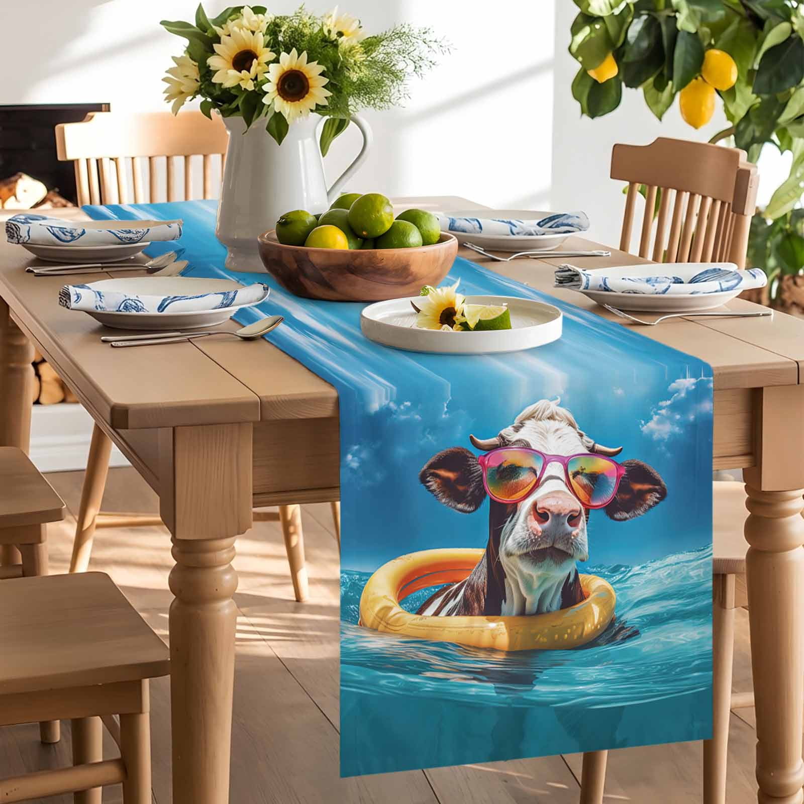 Sea Cow with Swimming Ring Sunglasses Table Runner 90 Inches Long, Summer Blue Sky Table Runners Tabletop Scarf Kitchen Dining Tables Decoration for Home Party Indoor Outdoor