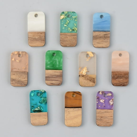 50pcs Resin & Walnut Wood Pendants Rectangle Mixed style Mixed color 21.5x10x3mm Hole: 2mm