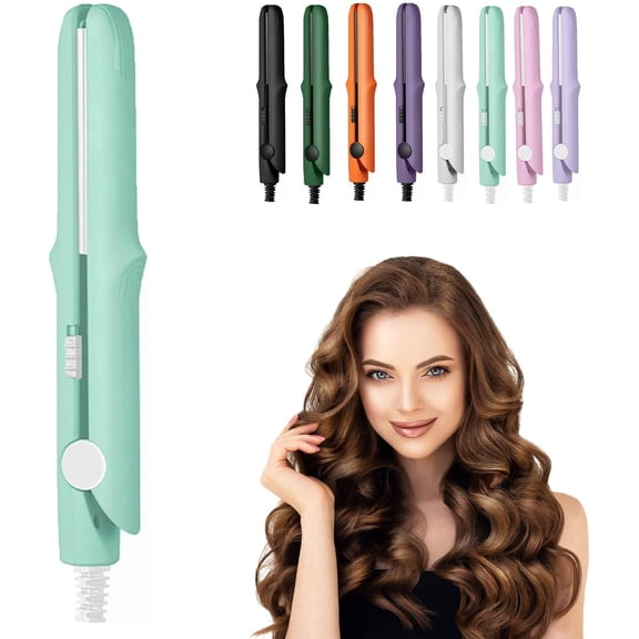 Curling Iron, 2-in-1 Mini Curling Wand & Flat Iron Hair Straightener, 3D Curling Iron for Short Hair, CurlingIron, Mini Dual Purpose, for Travel, Rapid Heating (Light Green)