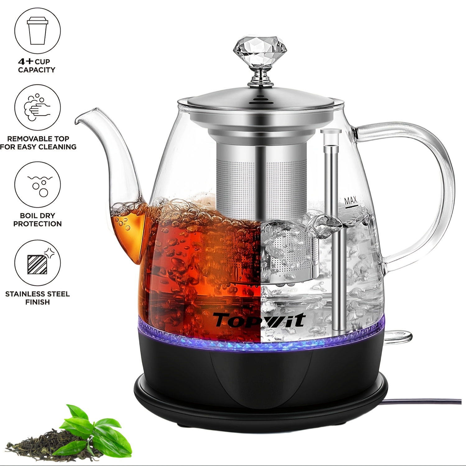 Glass Electric Kettle with Stainless Steel Infuser, 1L BPA-Free, Auto Shut-Off & Boil-Dry Protection, for Tea & Coffee