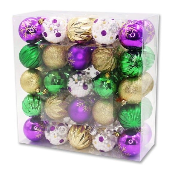 50 Pack Purple, Green, Gold and Clear Assorted Ball Ornaments