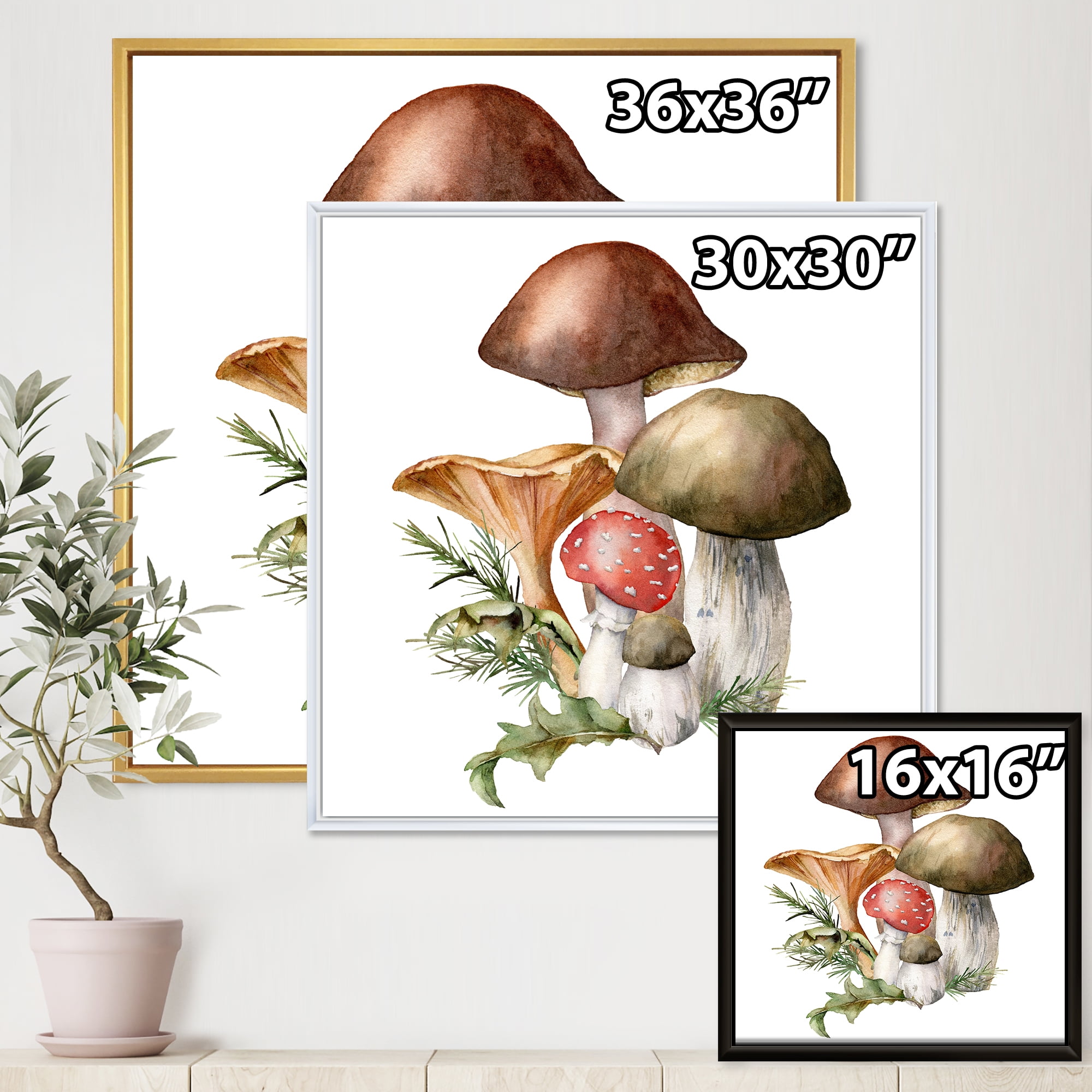 Autumn Composition With Mushrooms 16 in x 16 in Framed Painting Canvas Art Print, by Designart
