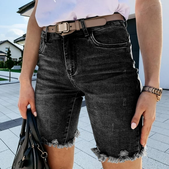Joau Women's Ripped Distressed Skinny Denim Shorts Casual Stretch High Waisted Straight Leg Raw Hem Jeans Shorts Summer Hot Pants with Pockets