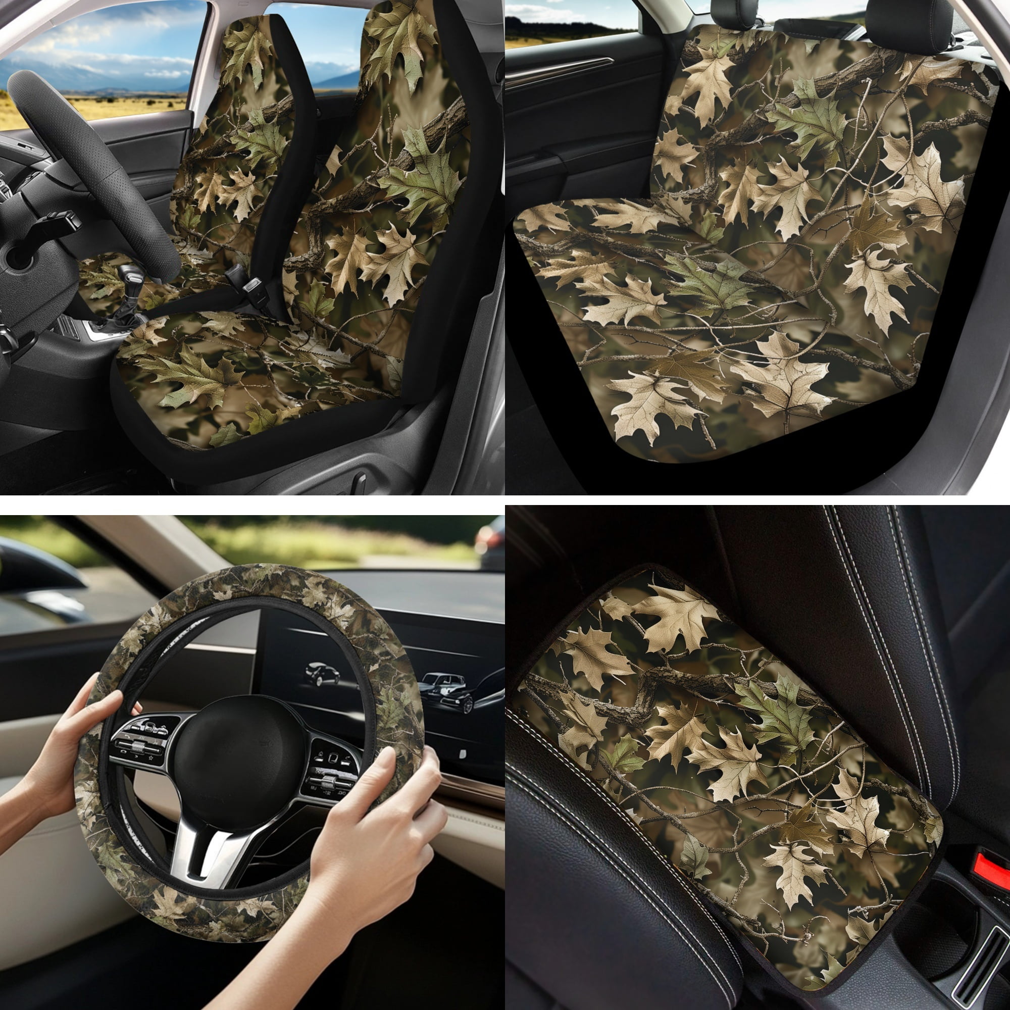 Jeiento Camo Hunting 13 PCS Car Seat Covers Full Set with Steering Wheel Cover Seat Belt Pads Armrest Cushion Woodland Forest Tree Coasters Keychain Lipstick Holder Auto Accessory Sets