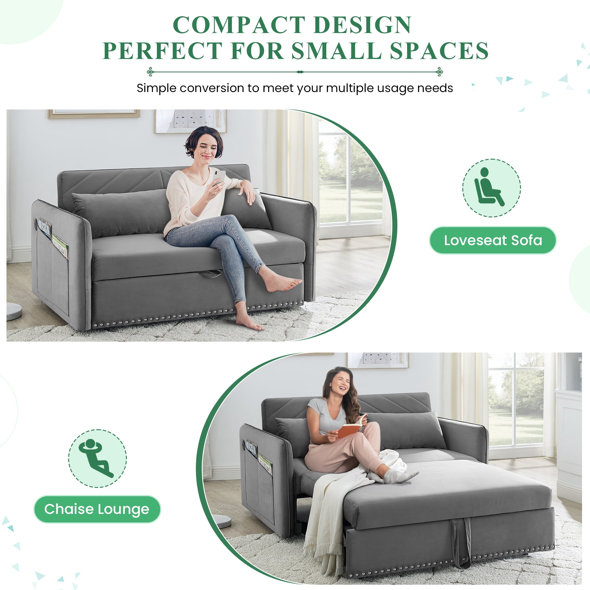 Dinosisco Convertible Sleeper Loveseat with USB, 55" Velvet Futon Sofa Bed, Gray