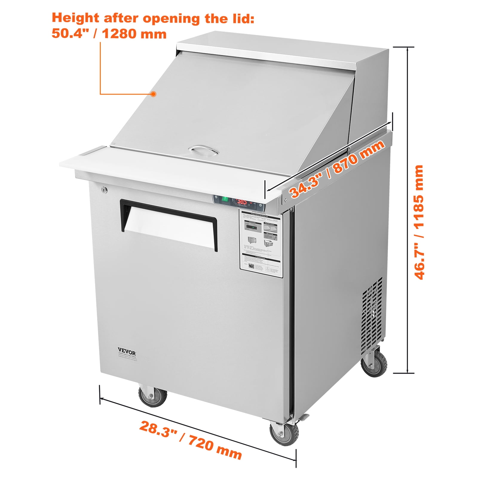 VEVOR 28" Commercial Refrigerator Sandwich & Salad Prep Table, 7.4 Cu. Ft Stainless Steel Refrigerated Food Prep Station with 12 Pans, Cut Board, Frost Free Refrigerator