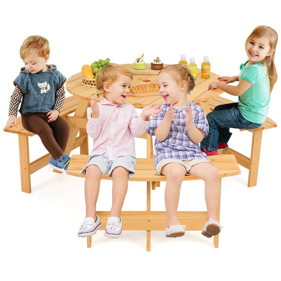 Gymax Kids Outdoor Wooden Picnic Table & Bench Set w/Umbrella Hole & Built-in Seats
