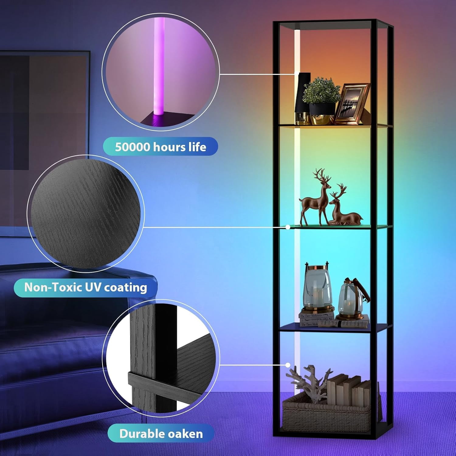 5 Tiers RGB Corner Shelf with LED Light, 63.78" Tall Display Shelf for Collectibles, LED Corner Floor Lamp with APP and Remote Control for Living Room Bedroom