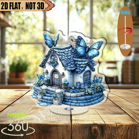[2D flat] 1PC A rotating acrylic centerpiece featuring a charming fairy-tale cottage with butterflies perfect for home decor, office ambiance, and special occasions