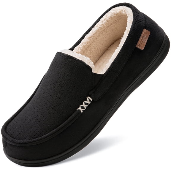 HomeTop Men's Classic Moccasin Slippers, All Season & Winter Warm Coral Fleece Lined Memory Foam Indoor Outdoor House Shoes
