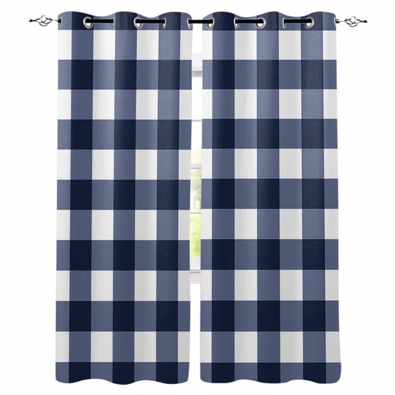 Navy Blue Check Blackout Curtains for Bedroom Living Room Darkening Curtains 63 Inches Long Farmhouse Buffalo Plaid Blue Window Curtain 2 Panels Set Insulated Window Treatment Grommet Drapes 42"x63"