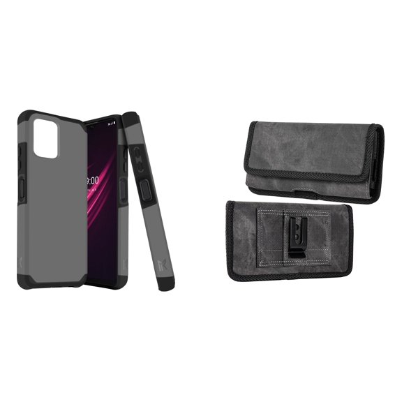 Case and Pouch Bundle for REVVL 6 5G: Dual Layer Slim Case (Grey) and Rugged Denim Nylon Belt Holster (Grey)