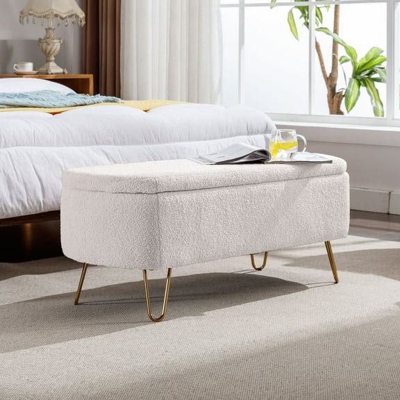 Dtwnek Faux Fur Storage Ottoman Bench for End of Bed Gold Legs for Home, Bedroom, White