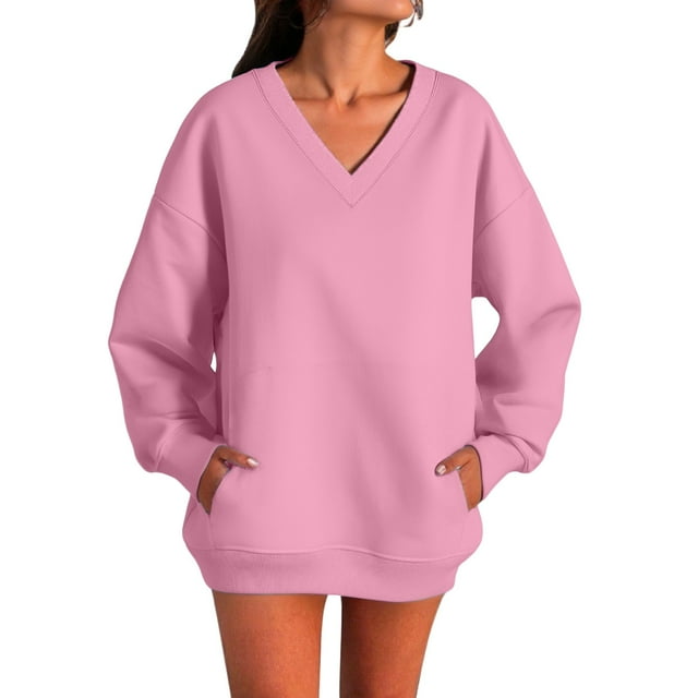 Women's Autumn Fashion Plus Loose V Neck Sweatshirt With Side Pockets