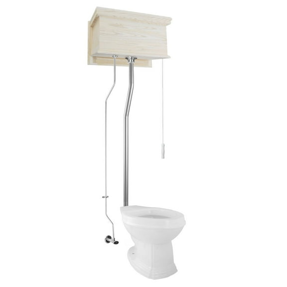 Renovators Supply Manufacturing High Tank Pull Chain Toilet with Unfinished Wooden Flat High Tank 70 in. to 74 in. Adjustable Height Satin Nickel L Pipe and Elongated Toilet Bowl