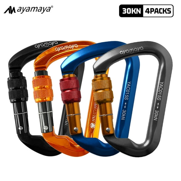 4 PACK Climbing Carabiner Aluminum D Shape Locking Carabiner Clip Screwgate Carabiners Heavy Duty 30KN Screw Lock Caribiner Hook Sport Tools for Outdoor Rock Climbing for Men Women (4 Colors)
