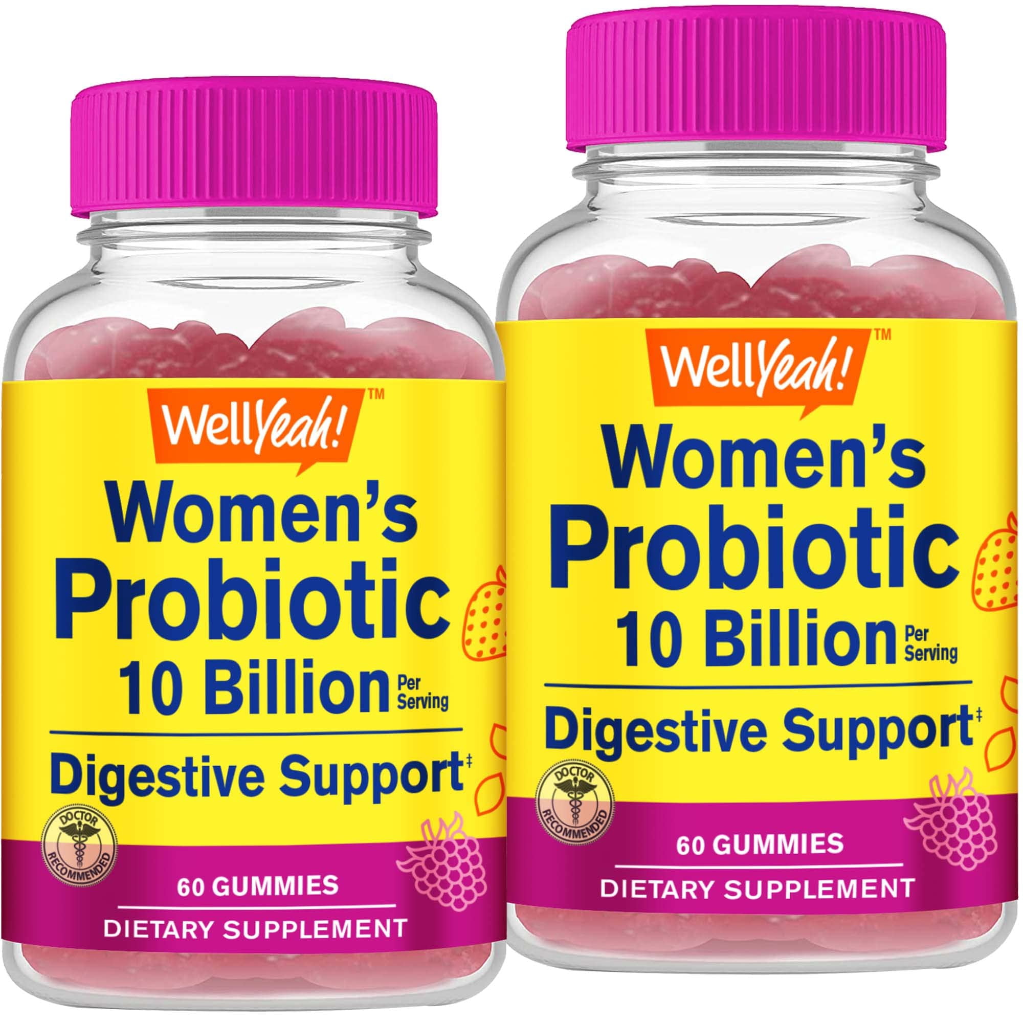 WellYeah Probiotics For Women Gummies (2 Pack) - 10 BILLION CFU - For Digestive Support, Gut Health, and Feminine Health Support -Berry Flavor -Vegetarian, Delayed Release Womens Probiotic -60 Gummies