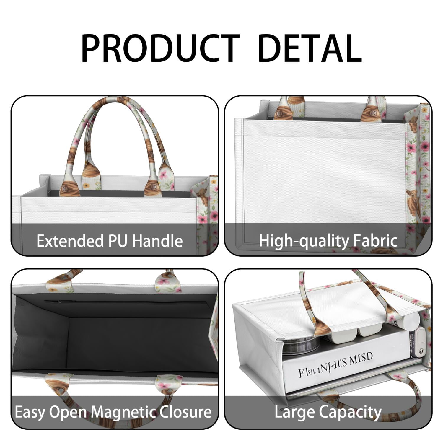 Large Capacity Tote Bag,White Highland Cow Flower Pattern Handbag Fashion Luxury Tote Bag,15.7"x13"x 5.1" Inches,Laptop Compatible