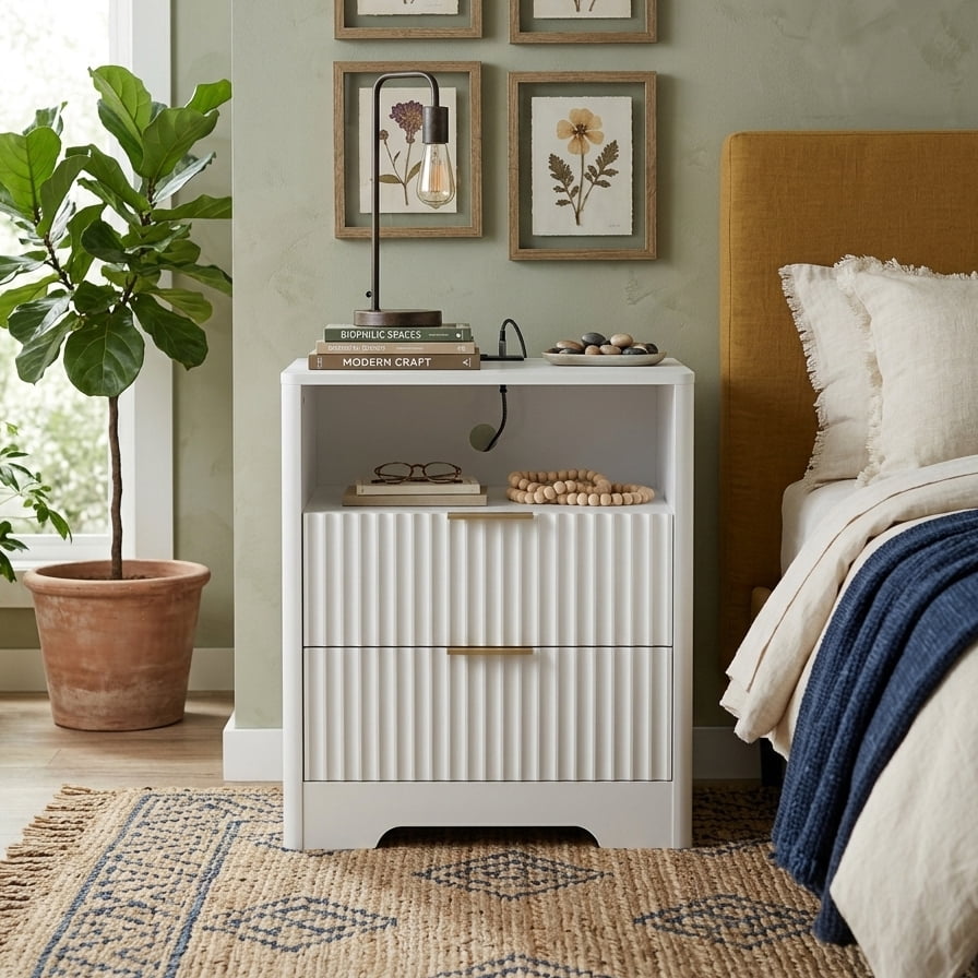 Aukfa Smart 2 Drawer Nightstand with Voice Control & Charging Station,7-Color LED Bedside Table for Bedroom,White