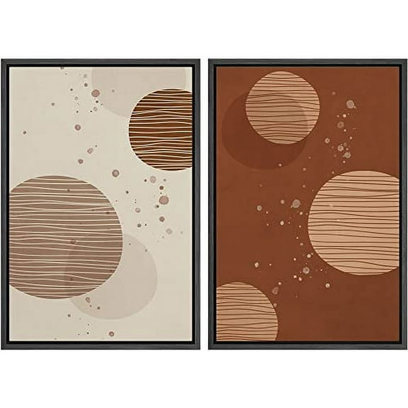 IDEA4WALL Framed Wall Art Print Set Brown and Tan Striped Circles with Paint Splatter Abstract Shapes Modern Contemporary for Living Room, Bedroom, Office - 16"x24"x2 Black