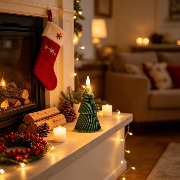 Christmas Tree‑Shaped Flameless LED Candle, Twisted Ribbed Real Paraffin Wax Flickering Fake Candle, Battery‑Powered Decor Light for Xmas Table Mantel Indoor Holiday Decor
