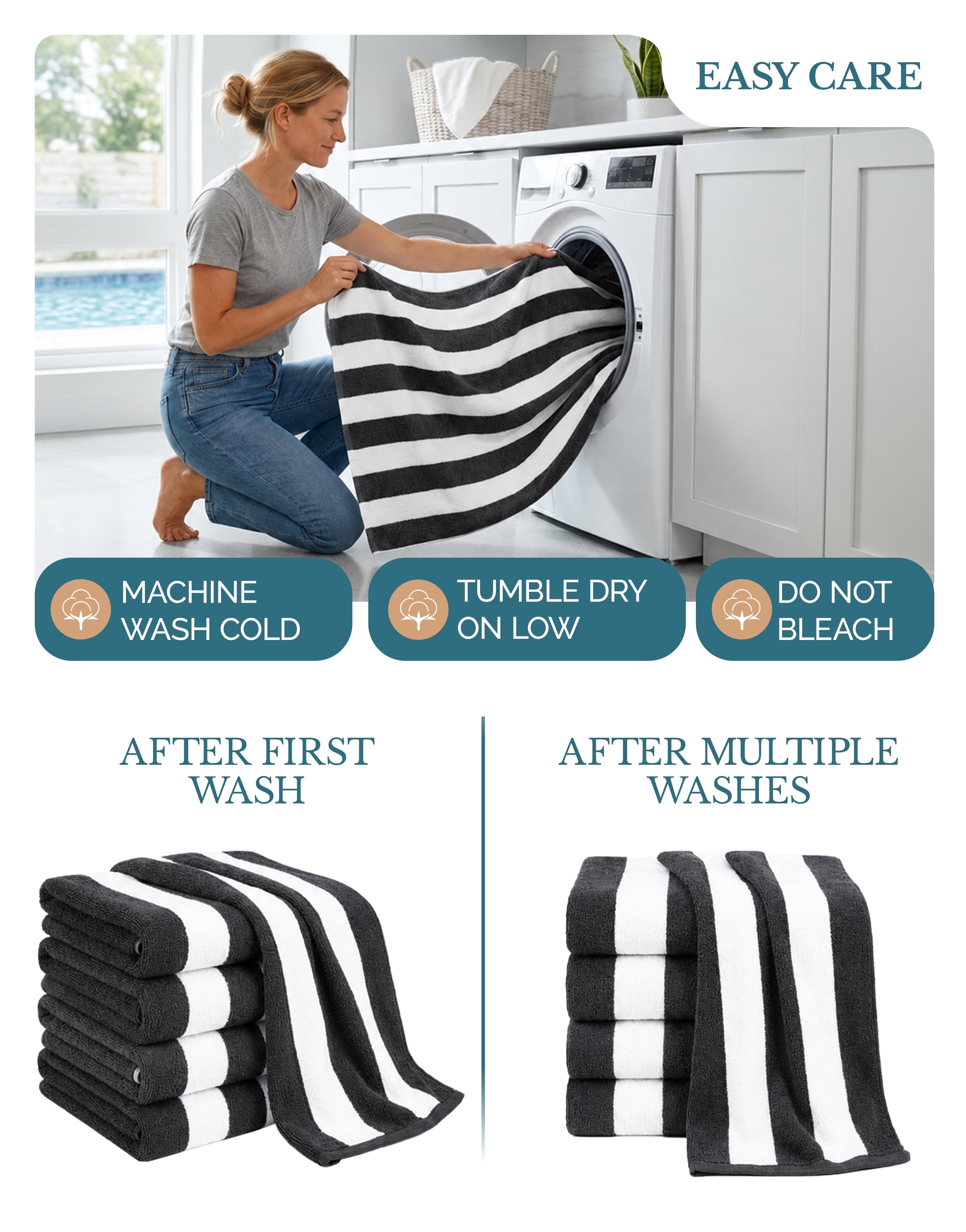 Casa Platino Beach Stripe Towels - 2 Pack 100% Cotton Pool Towels for Adults, Qick Dry, Soft & Highly Absorbent Beach towel Set for Travel & Vacation - Grey