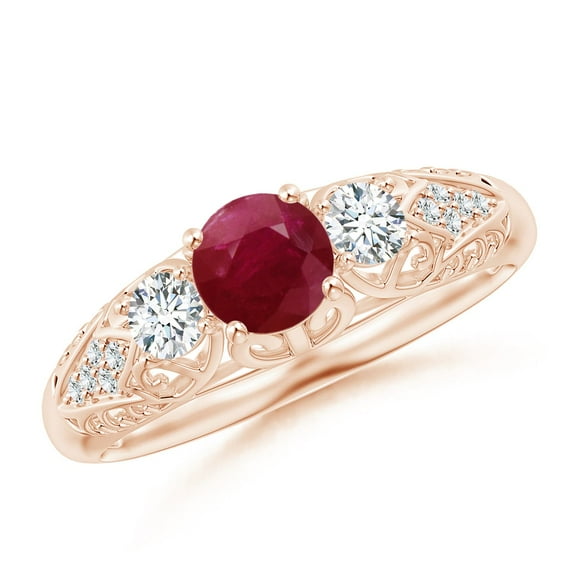 ANGARA Natural Aeon Vintage Style Ruby and Diamond Three Stone Engagement Ring in 14K Rose Gold for Women (Size-5mm) | July Birthstone, Anniversary, Jewelry Gift for Women | Natural Ruby Ring
