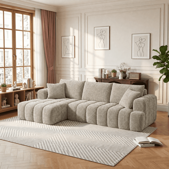 CKEASEAN 108" L-Shaped Sectional Sofa, Compressed Boneless Cloud Couch with Left Chaise & Pillows, Chenille Upholstered 4-Seater Modular Sofa for Living Room, No Assembly