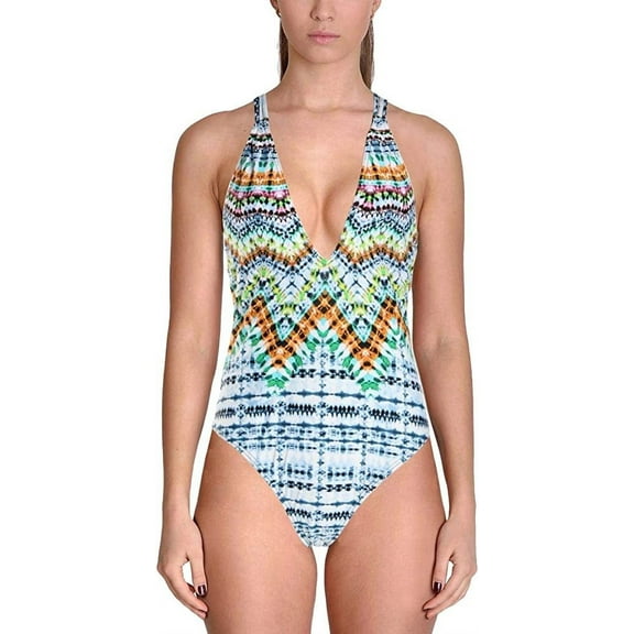 Bar III MULTI Tulum Tie-Dyed Macrame Racerback One-Piece Swimsuit, US Large