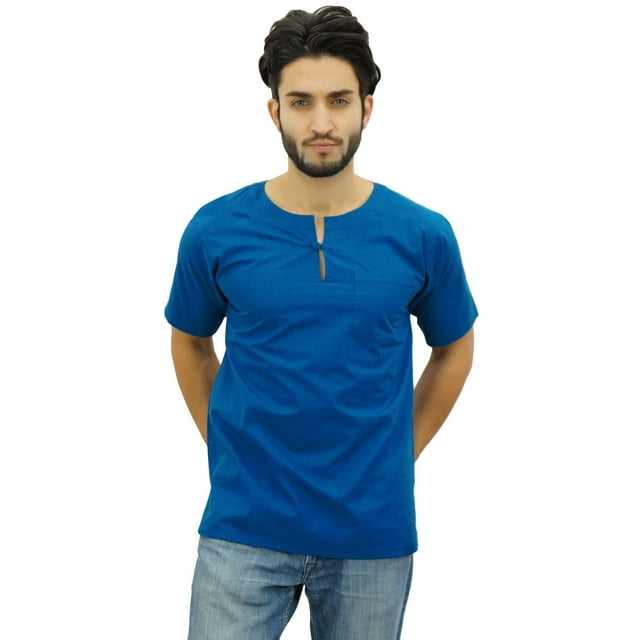 Atasi Kurta Court Bleu Sarcelle pour Homme Chemise Décontractée en Coton Tunique Ethnique-Moyen