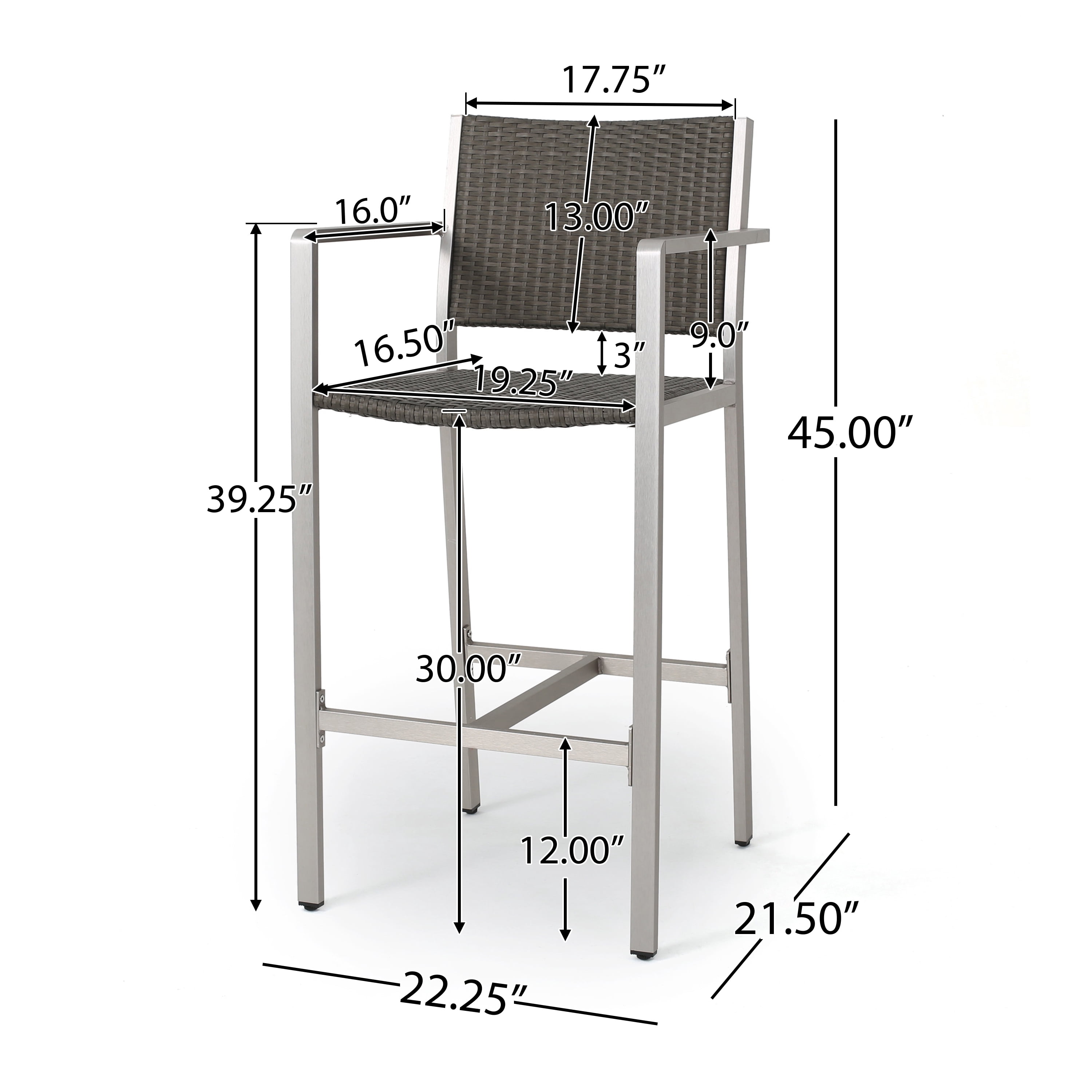 Outdoor Rust Proof Aluminum Frame Bar Stool Set of 2 29.50 Inch, PE Rattan Surface Height Seats for Patio Bar, Silver and Grey