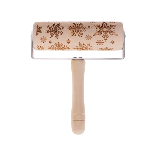 CIMAXIC christmas Wooden Engraved Rolling Christmas Engraving Baking Embossed Rolling Pin Handheld Printing Roller Professional Roller Mold for Home Store Restaurant Snowflake Style