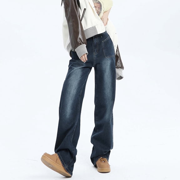 Women's Vintage Blue High Waisted Straight Leg Denim Pants With Pocket Detail Trendy Wide Leg Flare Jeans Jean Pants for Women Work High Fashion Women Women plus Size Pants Elastic Waist Jean Pajama