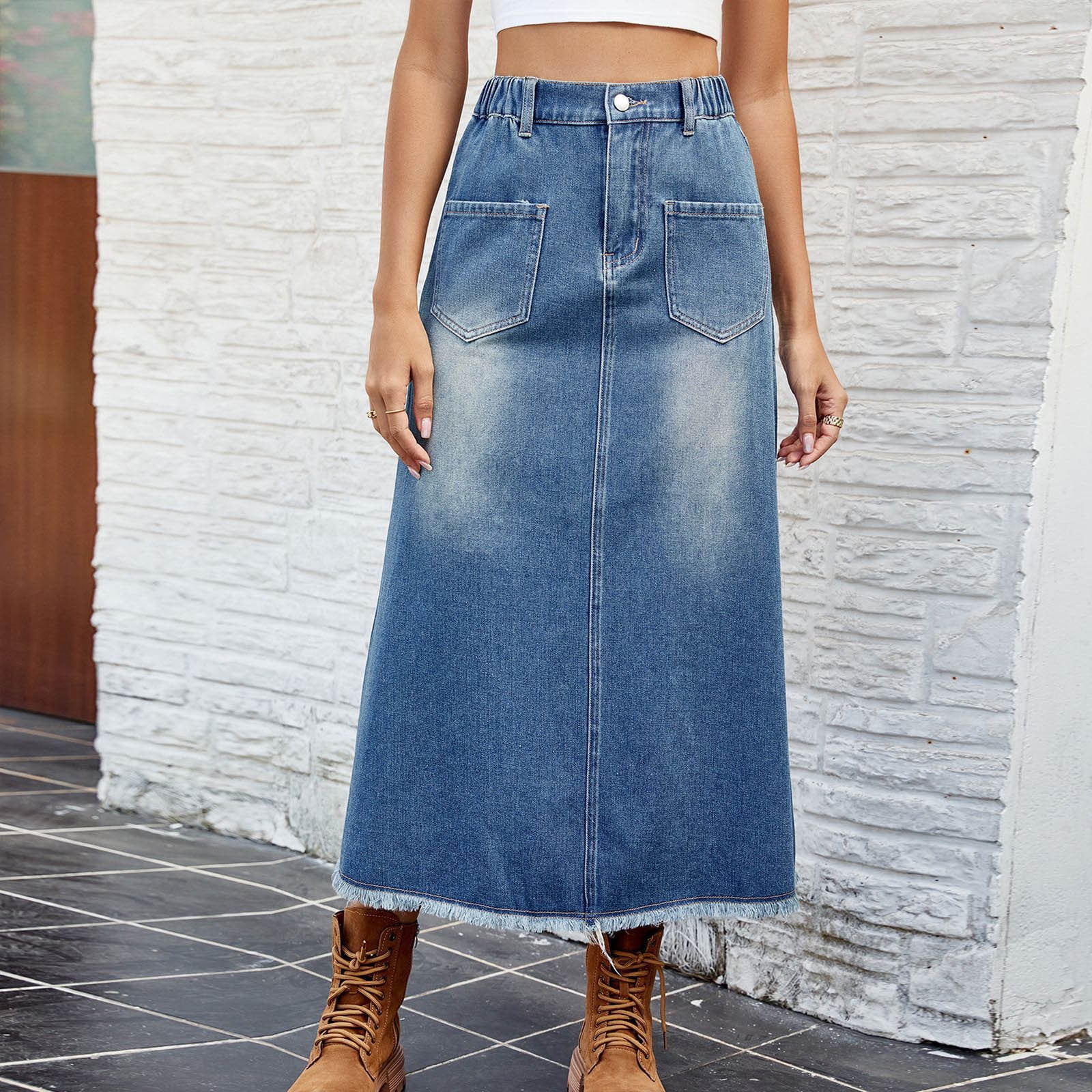 Cavosen Womens Skirts Knee Length Denim Midi Calf Length Jean Skirts Fray Hem Workwear Plain Summer Skirts Dress Button Zipper with Pocket Athletic Beachwear Resortwear Blue M