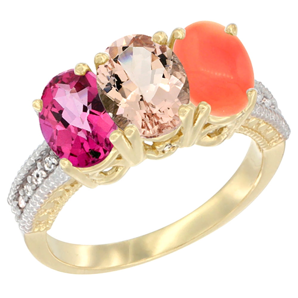 10K Yellow Gold Diamond Natural Pink Topaz, Morganite & Coral Ring 3-Stone Oval 7x5 mm, sizes 5 10 by WorldJewels