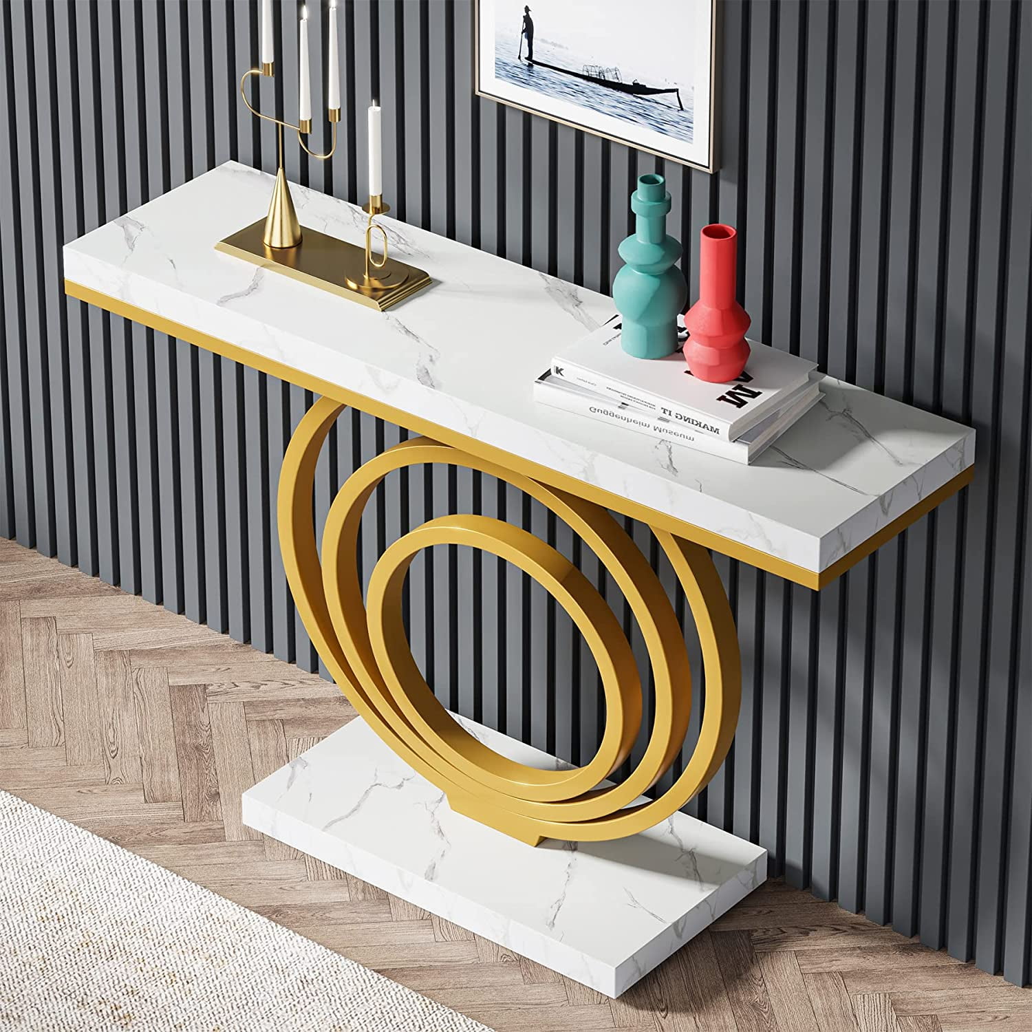 Tribesigns 41 Inch White Console Table with Gold Ring Base, Modern Entryway Sofa Table Narrow Long, Geometric Contemporary Accent Table for Living Room, Entryway, Hallway, Entrance, Faux Marble White