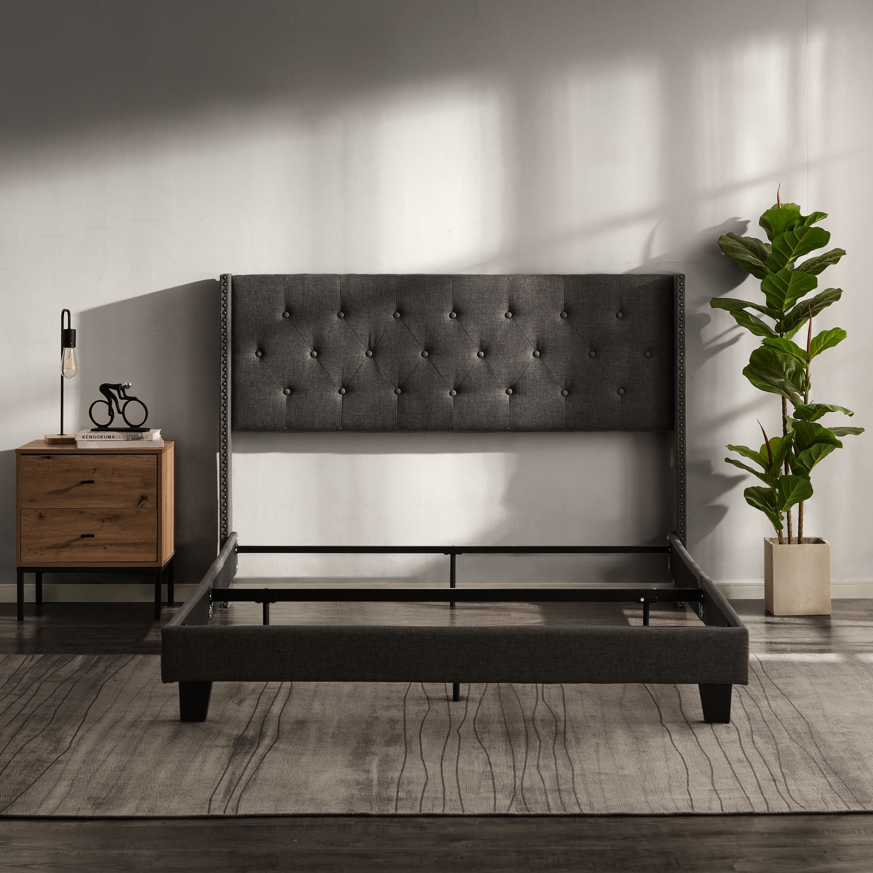 Lammaloe King Size Platform Bed Frame with Wingback Diamond Upholstered Headboard, Grey, King