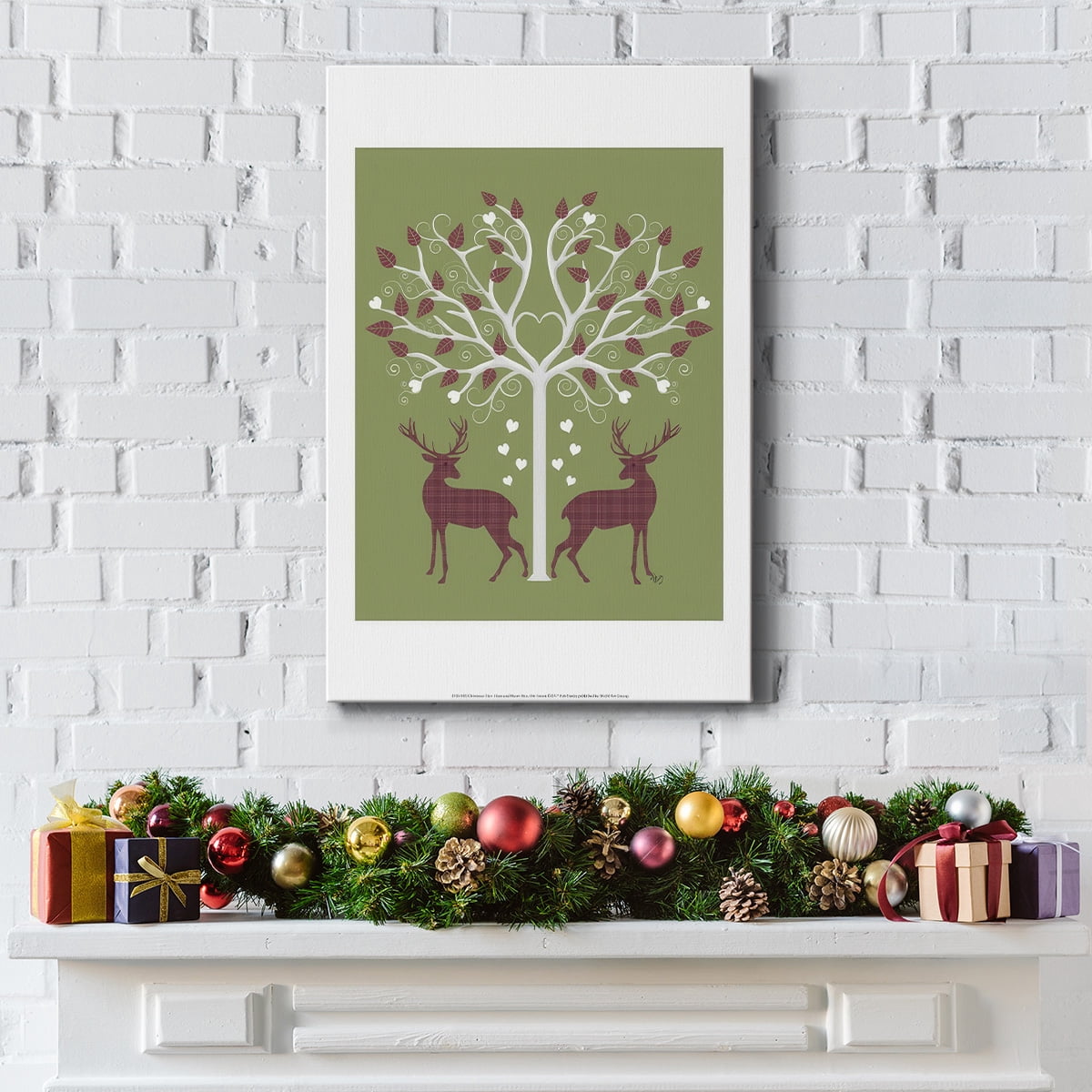 Christmas Des - Deer and Heart Tree, Pink On Green- Gallery Wrapped Canvas