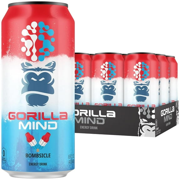 Gorilla Mind Energy Drink, Bombsicle, 16 fl oz Cans, Zero Sugar, Nootropic Performance Beverage, 12 Pack