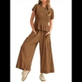 thumbnail image 1 of Conjunto de Dos Piezas para Mujer: Top Fruncido y Pantalón Conjunto Informal Bohemio de Cintura Alta con Bolsillos Marrón Oscuro S, 1 of 7