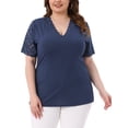 thumbnail image 1 of Blusa elegante de manga corta de encaje con cuello en V para mujer de tallas grandes Agnes Orinda, tunic ribeteada de punto, 3X, azul marino, 1 of 6