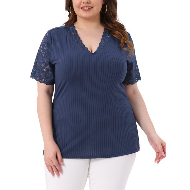 Blusa elegante de manga corta de encaje con cuello en V para mujer de tallas grandes Agnes Orinda, tunic ribeteada de punto, 3X, azul marino