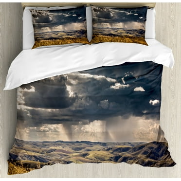 Farmhouse Decor King Size Duvet Cover Set, Puffy Clouds in Sky over Mountains Rough Valley Canyon Natural Wonders Concept, Decorative 3 Piece Bedding Set with 2 Pillow Shams, Multi, by Ambesonne