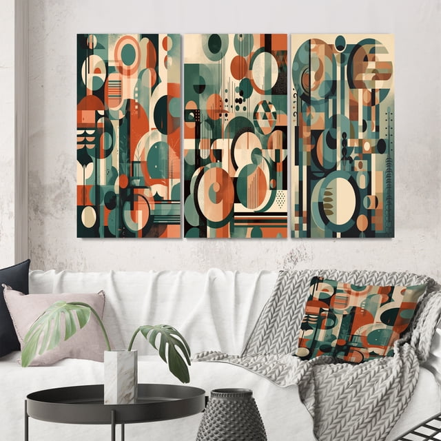 Designart "Artistic Evolution Mid Century IV" Modern Midcentury Wall Art Set Of 3 - Orange Midcentury Gallery Wall Set For Home Decor